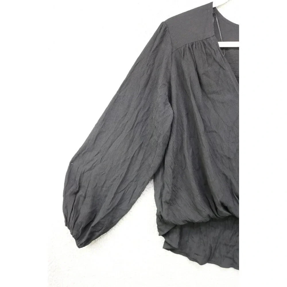 Free People Black Long Puff Sleeve Wrap Top-Small/Petite-Oversized - Picture 3 of 14